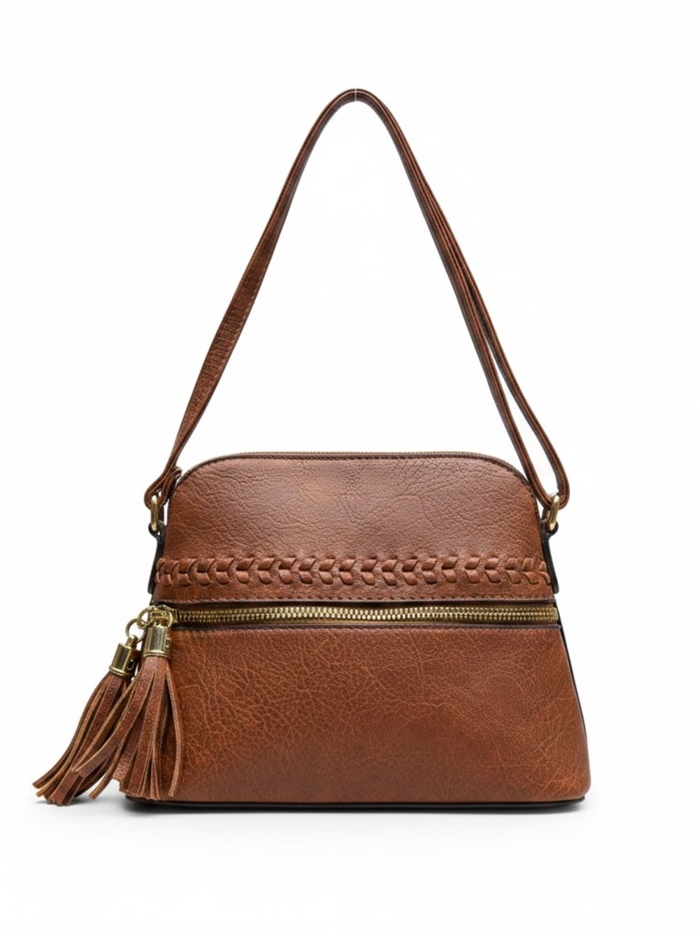 EUC Adjustable Brown Faux Leather Shoulder Crossbody Zipper Bag Lined Interior